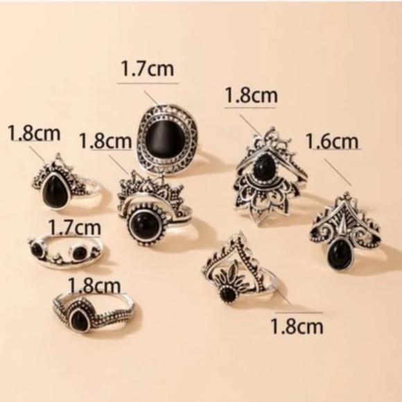 NWT. 8 Pieces Boho Style Silver with Black Stone Rings! - Picture 3 of 4